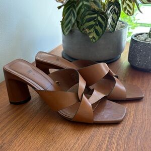 Zara Brown Leather Chunky Heeled Mules